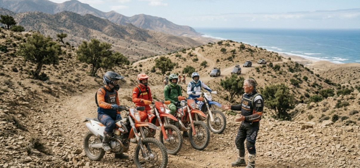 Pilote en KTM 450 EXC-F lancé sur les pistes d'Agadir au lever du jour